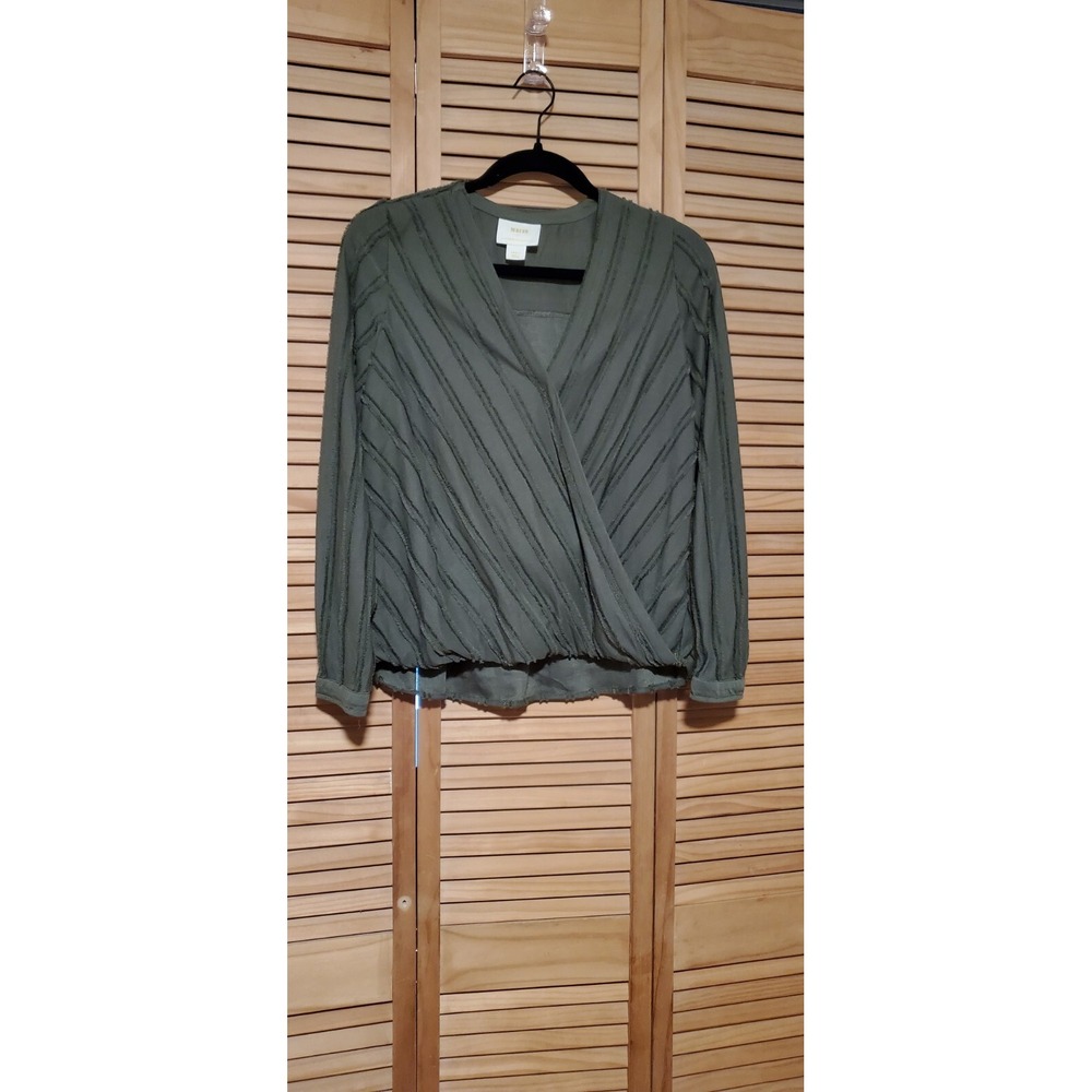 Anthropologie Maeve Audre Textured Faux Wrap Top Olive Green Small Long Sleeve